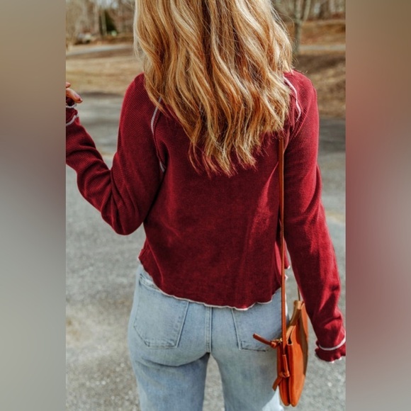 CHRISTMAS DROP: Boutique Fiery Red Textured Round Neck Long Sleeve Top - Picture 2 of 3